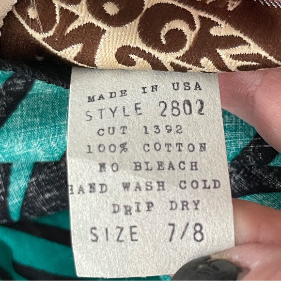 On The Rocks California Vintage Teal Green Dress Size 7/8 Black Palm Leaf Print - Picture 11 of 11